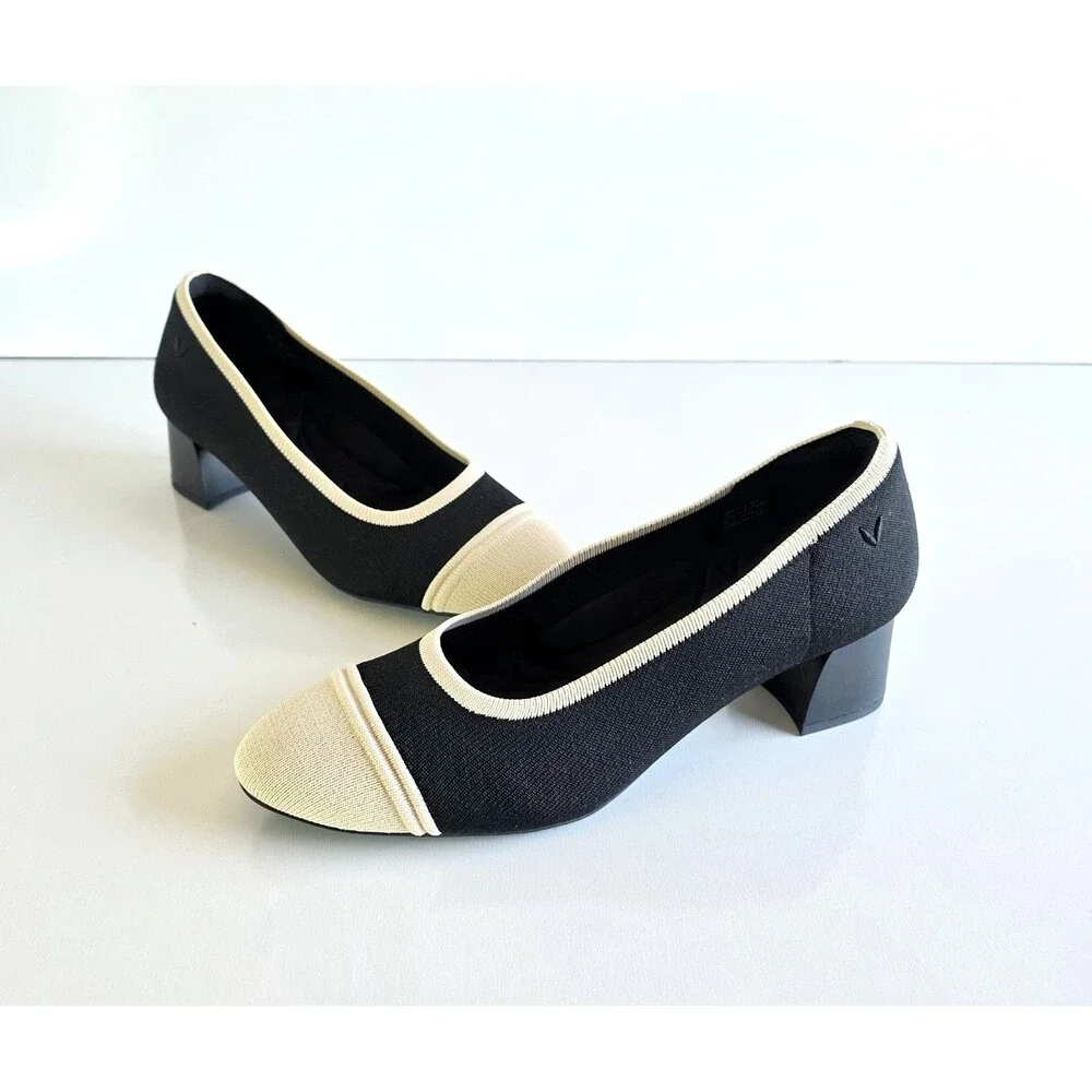 VIVAIA Julie Arch Pro Almond Toe Chunky Heels Black Ivory 40.5 9 9.5 Knit Pumps